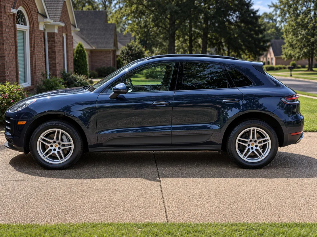 A dark blue Porsche Macan after a full exterior detail, parked on a driveway