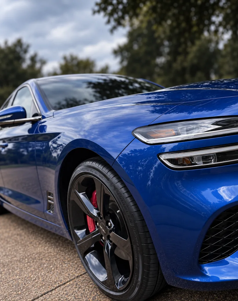 A close-up of a blue Genesis front wing and wheel with a mirror-gloss ceramic-coated finish