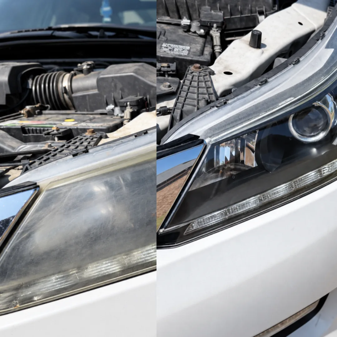 Side-by-side headlight restoration: a hazed, yellowed lens on the left and the same lens clear and polished on the right