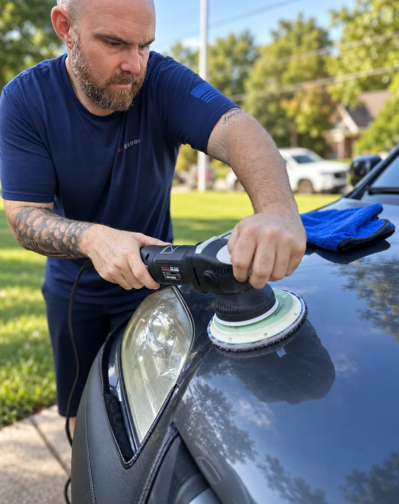 A TC Auto Solutions detailer running a dual-action polisher across a car bonnet