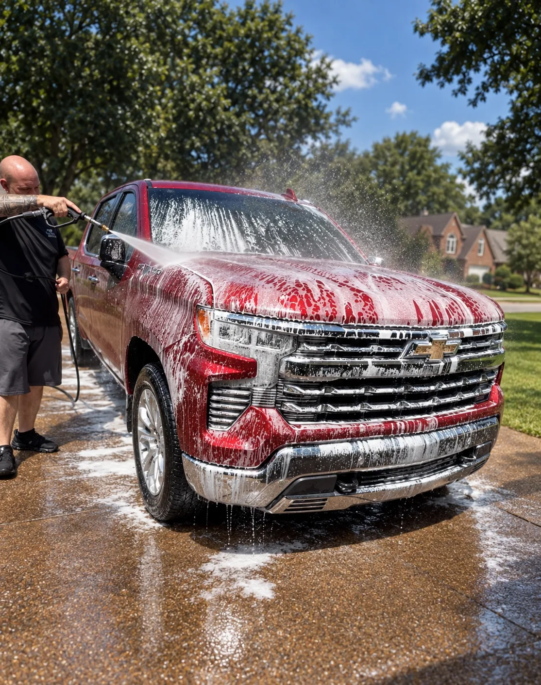A TC Auto Solutions detailer rinsing thick snow foam off a red Chevrolet Silverado on a driveway