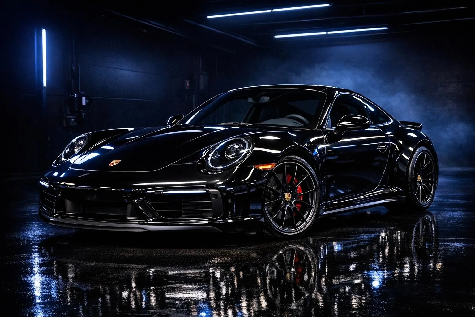 A black Porsche 911 on a wet floor under the lights of the detailing bay