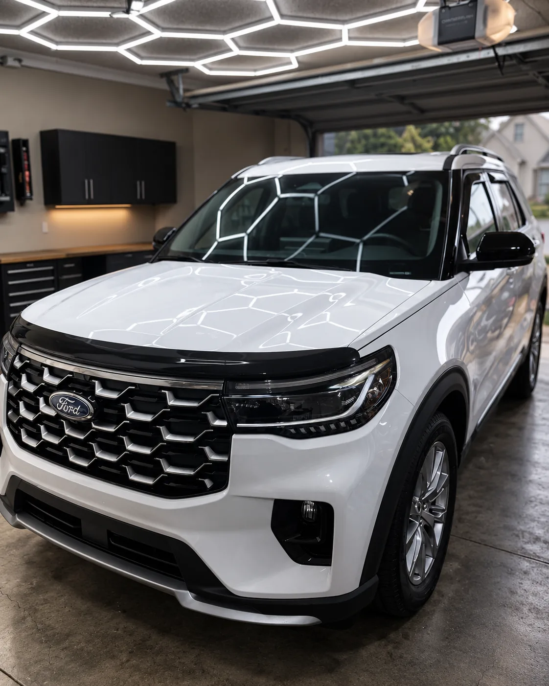A Ford Explorer being detailed indoors under bright bay lighting