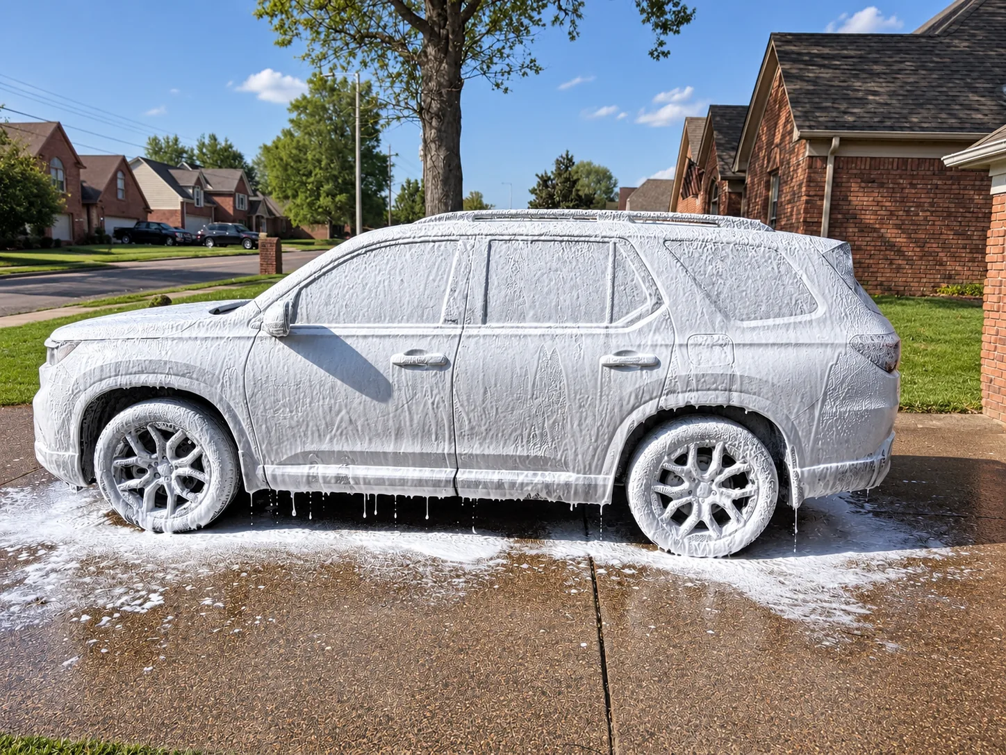 A Honda Pilot dripping with suds during an exterior wash and detail