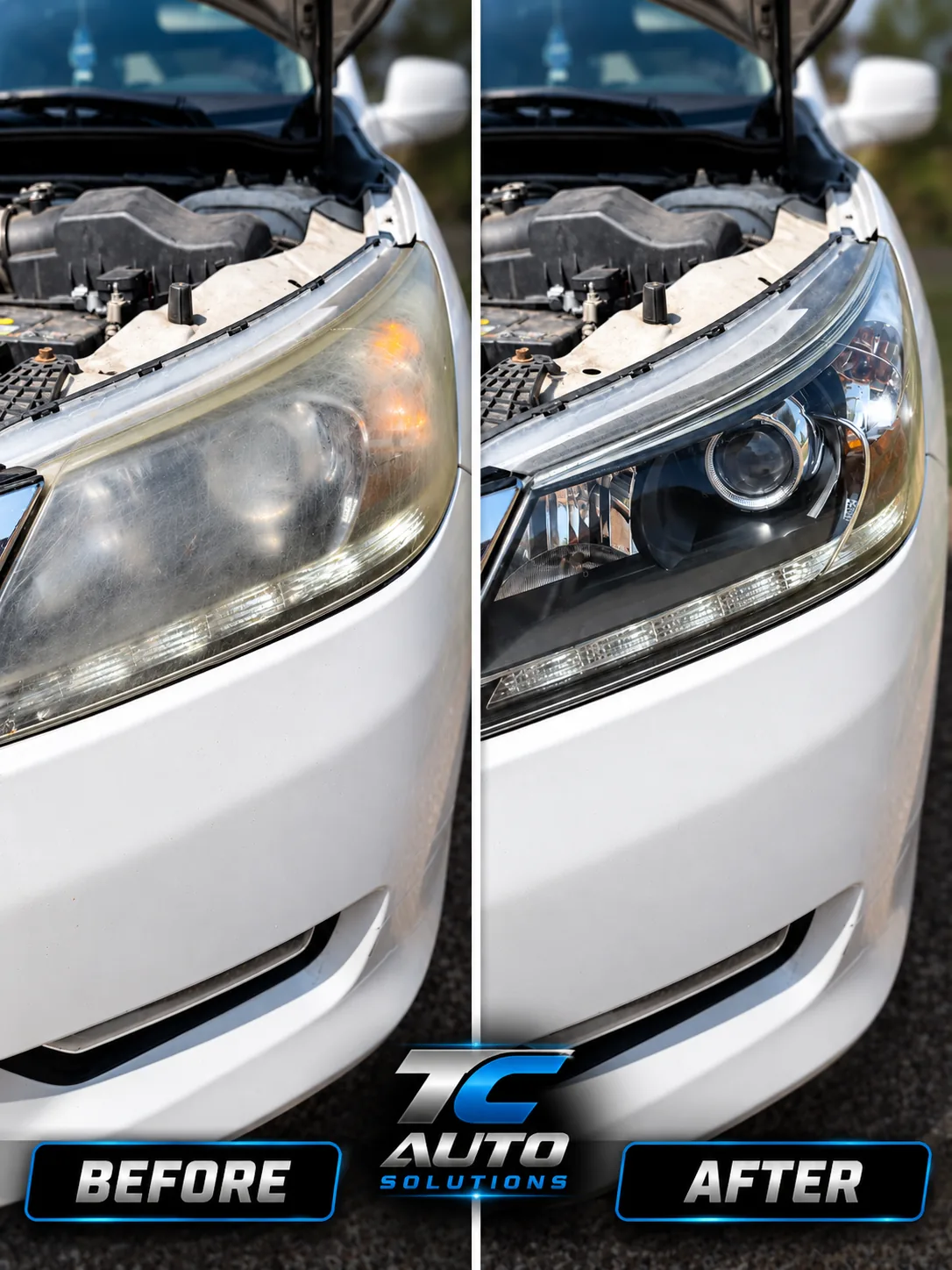 A headlight shown before and after restoration, yellow haze removed to reveal clear glass