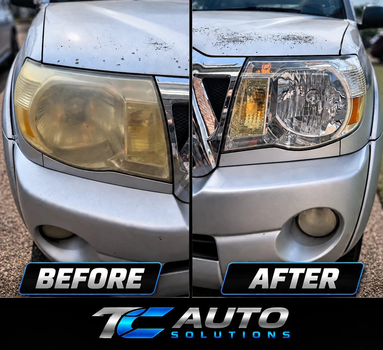 A restored headlight, clear and bright after oxidation removal