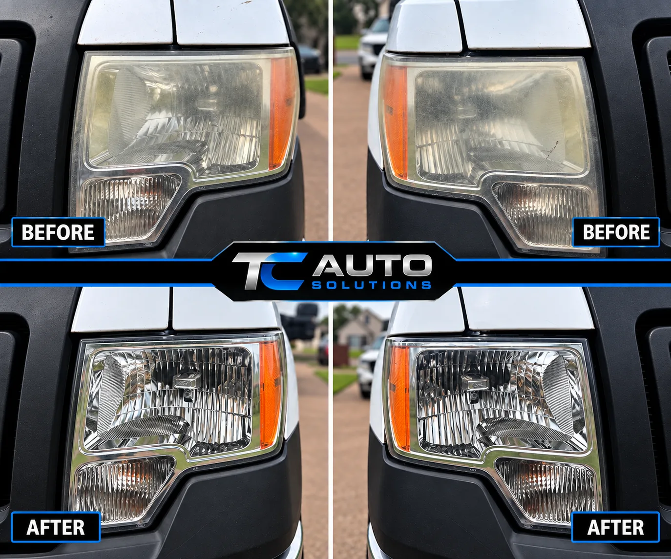 Before-and-after headlight restoration on a truck, hazy lenses restored to clear