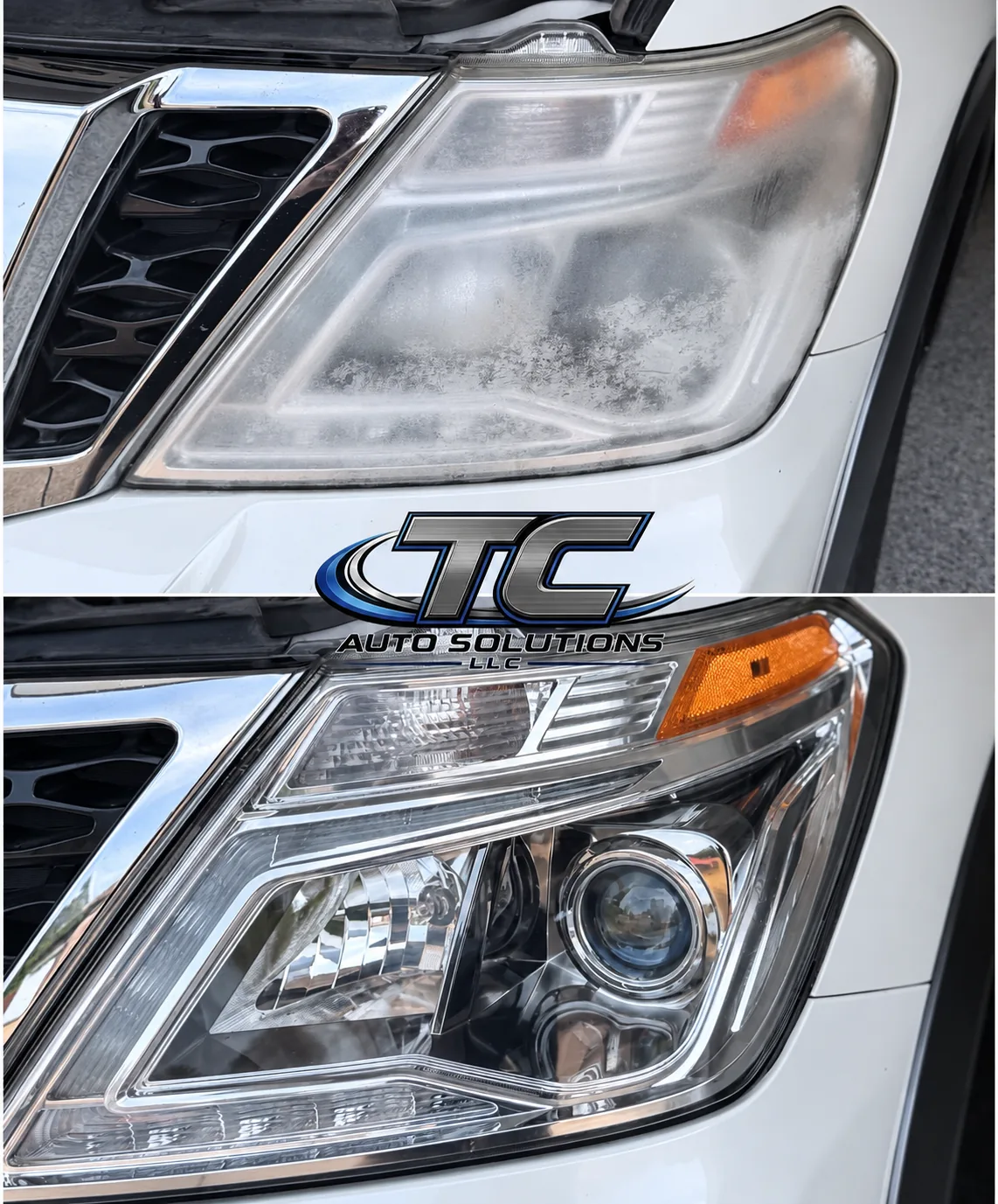 A headlight before and after professional restoration by TC Auto Solutions