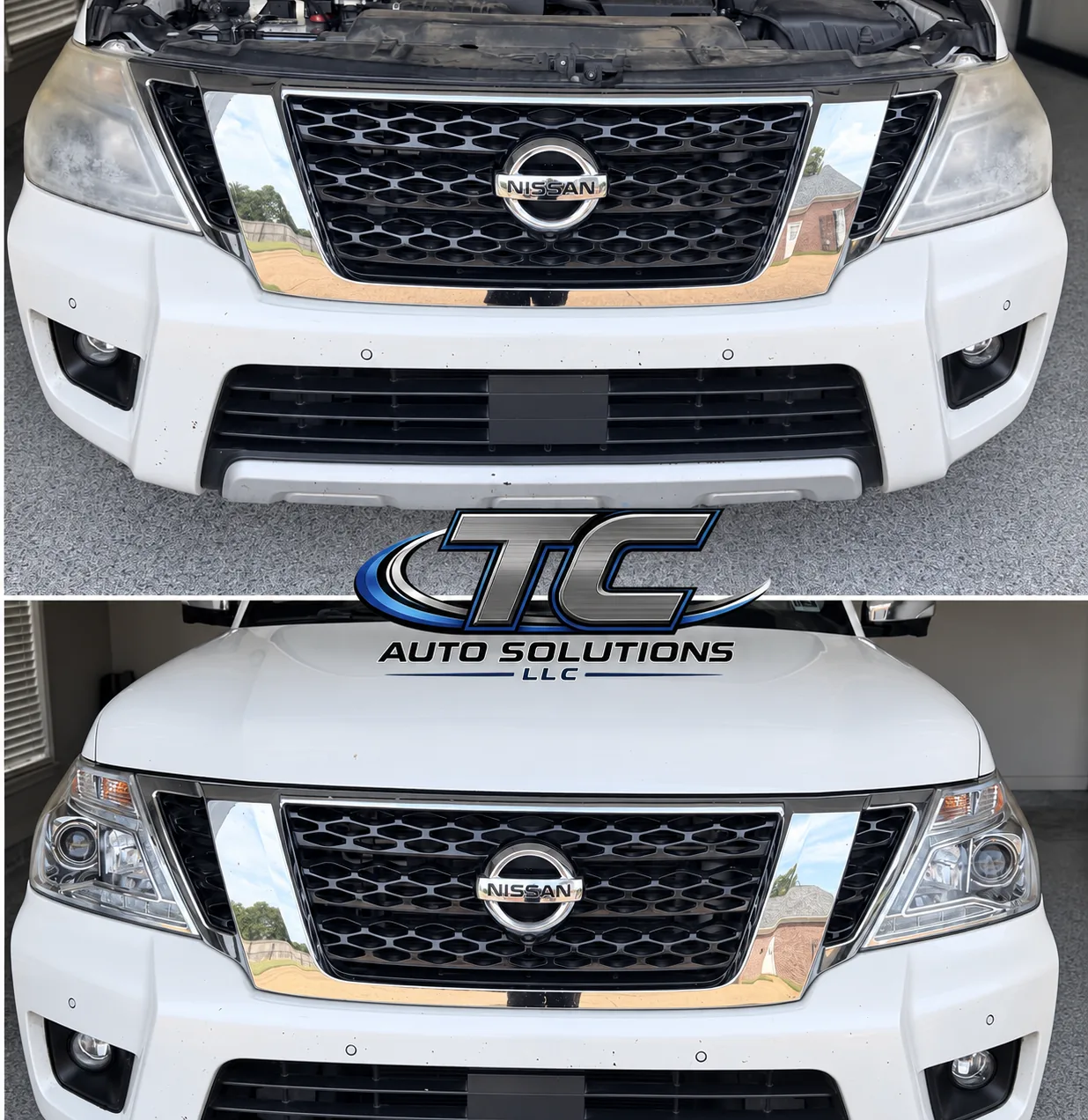 A vehicle headlight before and after restoration