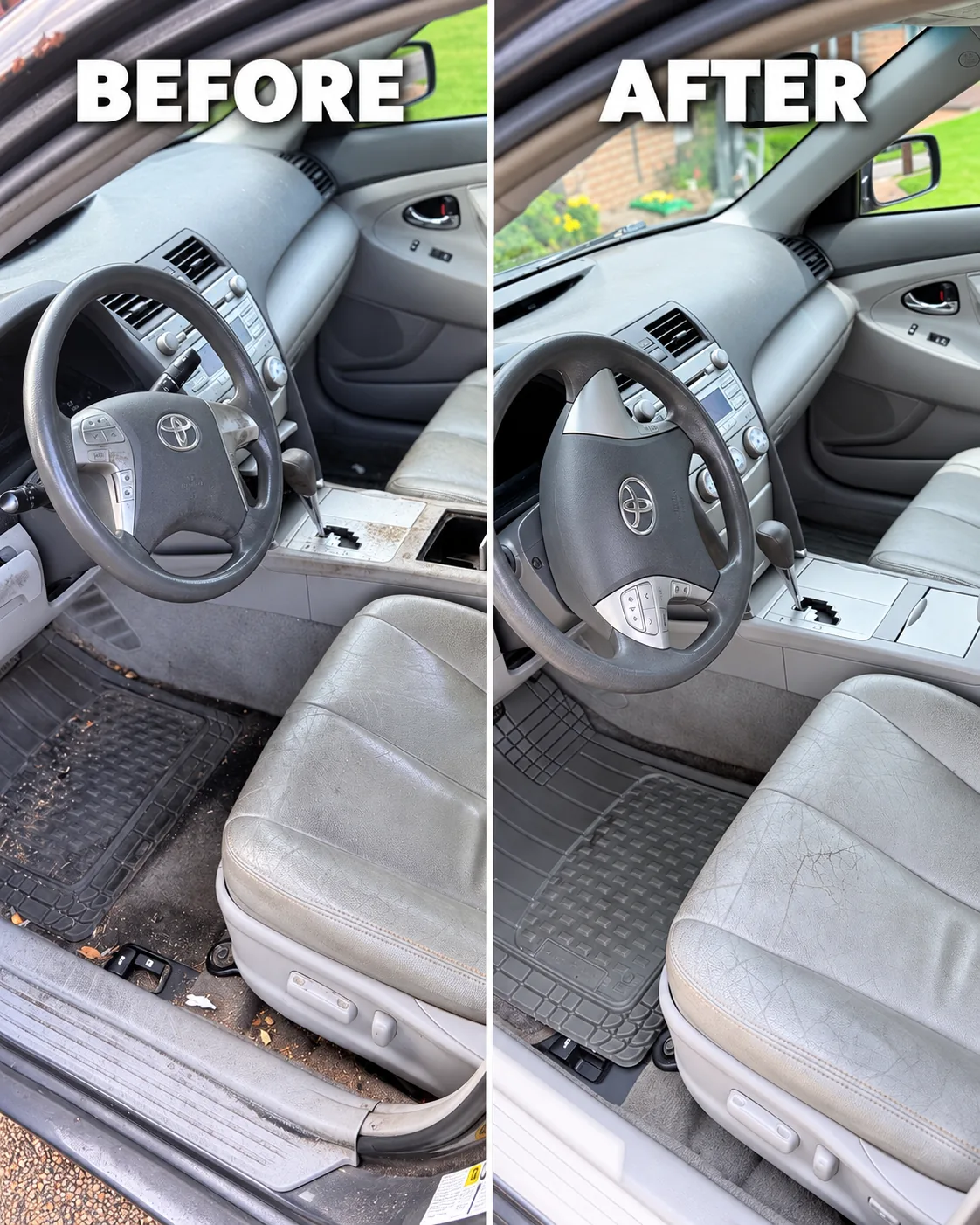A heavily soiled car interior shown before and after a deep interior detail