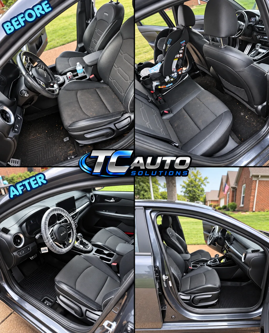 A car interior shown before and after a TC Auto Solutions interior detail